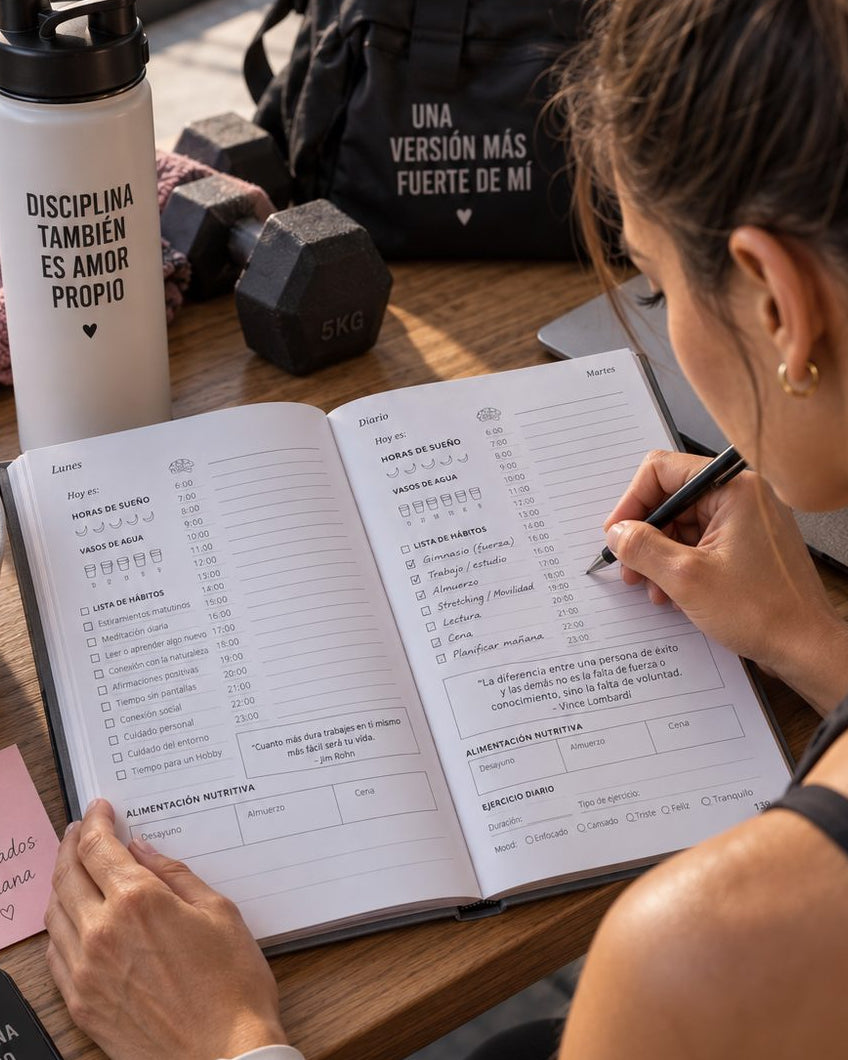 Manos escribiendo en la Agenda de Hábitos abierta
